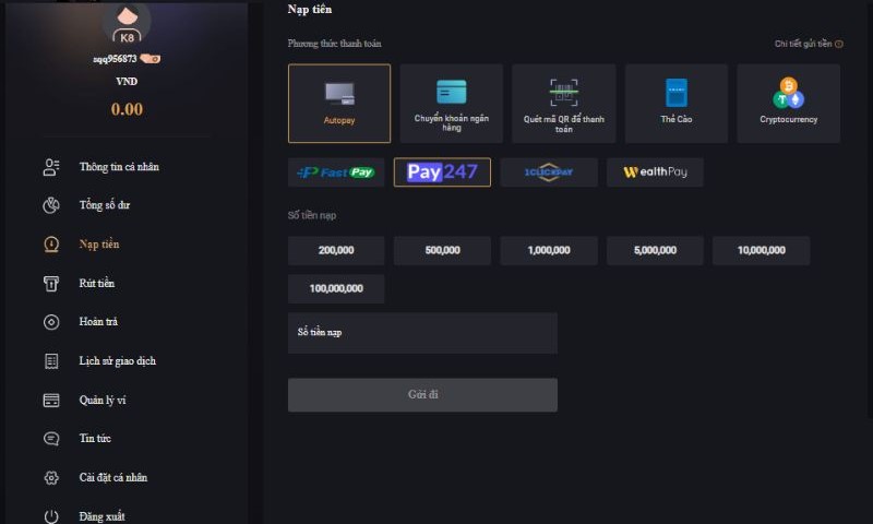 Nạp tiền vào nhà cái k8 qua ví điện tử